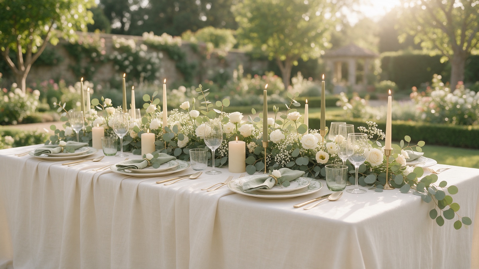Table de réception de mariage décorée d’eucalyptus et de fleurs blanches
