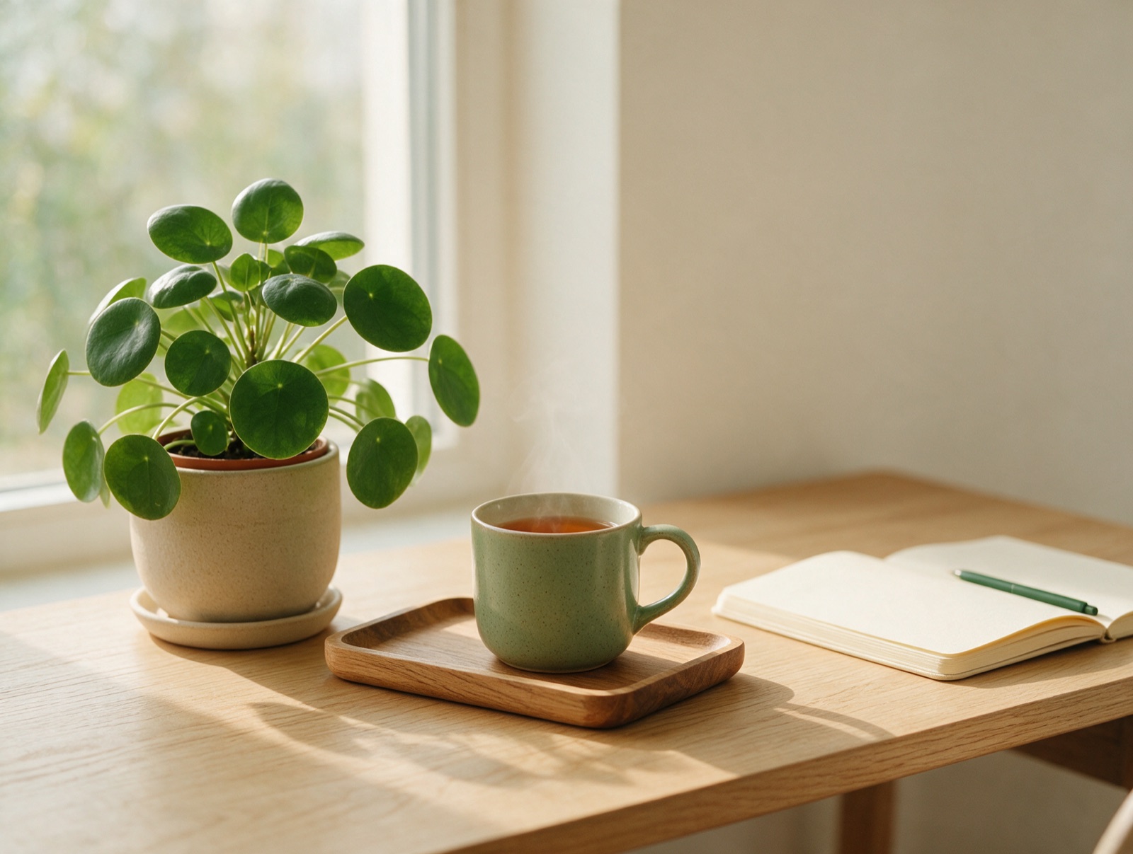 Plante pilea, tasse de thé et carnet sur un bureau en bois clair